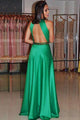 A-Line Jewel Sweep Train Keyhole Green Satin Open Back Beaded Prom Dress Q40