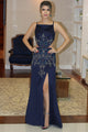 Mermaid Square Floor-Length Cut Out Navy Blue Satin Prom Dress with Embroidery Q38