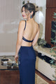 Mermaid Square Floor-Length Cut Out Navy Blue Satin Prom Dress with Embroidery Q38