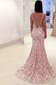 Mermaid Deep V-Neck Sweep Train Pink Lace Backless Sleeveless Prom Dress Q36