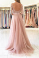 A-Line Bateau Long Sleeves Sweep Train Pink Tulle Prom Dress with Appliques Q32