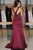 Mermaid Deep V-Neck Sweep Train Burgundy Satin Prom Dress with Beading Q28