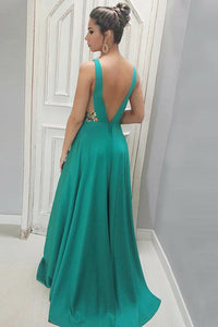 A-Line Deep V-Neck Sweep Train Green Satin Backless Prom Dress with Appliques C22