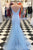 Mermaid Spaghetti Straps Sweep Train Blue Sequined Backless Prom Dress Q34