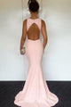 Mermaid Jewel Sweep Train Pink Satin Cut Out Sleeveless Prom Dress Q23