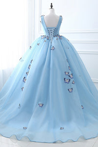 Ball Gown Deep V-Neck Court Train Blue Tulle Prom Dress with Appliques Q20