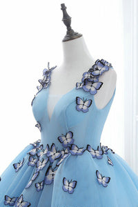 Ball Gown Deep V-Neck Court Train Blue Tulle Prom Dress with Appliques Q20