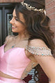 Two Piece V-Neck Cold Shoulder Pink Satin Sleeveless Prom Dress with Beading Q19