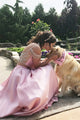 Two Piece V-Neck Cold Shoulder Pink Satin Sleeveless Prom Dress with Beading Q19