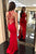 Mermaid Jewel Sweep Train Split Criss-Cross Straps Red Stretch Satin Prom Dress Q15
