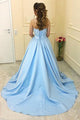 A-Line Sweetheart Court Train Blue Satin Prom Dress with Appliques Pockets Q13