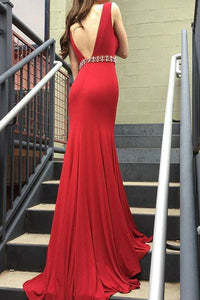 Mermaid Deep V-Neck Sweep Train Red Stretch Satin Backless Beaded Prom Dress Q12