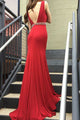 Mermaid Deep V-Neck Sweep Train Red Stretch Satin Backless Beaded Prom Dress Q12