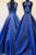 A-Line Deep V-Neck Court Train Royal Blue Satin Prom Dress with Bowknot Q11