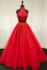 Two Piece High Neck Sweep Train Red Tulle Prom Dress with Appliques Beading Q9