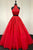 Two Piece High Neck Sweep Train Red Tulle Prom Dress with Appliques Beading Q9