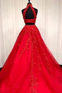 Two Piece High Neck Sweep Train Red Tulle Prom Dress with Appliques Beading Q9