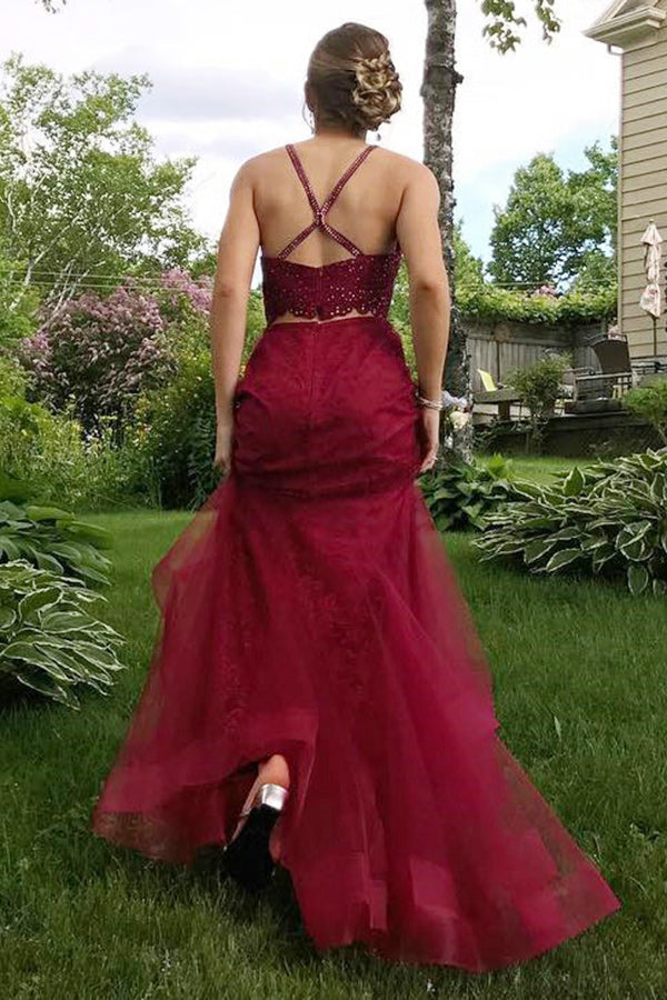 Two Piece Crew Sweep Train Criss-Cross Straps Dark Red Tulle Beaded Pr cathyprom Two Piece Crew Sweep Train Criss-Cross Straps Dark Red Tulle Beaded Pr cathyprom