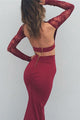 Two Piece Memraid Bateau Sweep Train Long Sleeves Burgundy Stretch Satin Prom Dress with Lace Z24