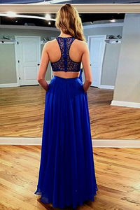 Two Piece Jewel Floor-Length Royal Blue Chiffon Prom Dress with Lace Pockets D18