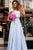 Two Piece Square Floor-Length Blue Satin Cap Sleeves Prom Dress with Appliques D17