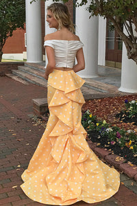 Two Piece Mermaid Off-the-Shoulder Sweep Train Spots Yellow Satin Prom Dress with Ruffles L17