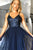 A-Line Spaghetti Straps Sweep Train Navy Blue Tulle Prom Dress with Sequins Z45