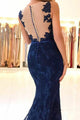 Mermaid V-Neck Sweep Train Navy Blue Lace Prom Dress with Appliques Z40