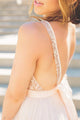 A-Line Deep V-Neck Sweep Train Pearl Pink Chiffon Backless Bowknot Prom Dress Z13
