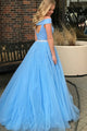 Two Piece Off-the-Shoulder Sweep Train Open Back Blue Tulle Prom Dress with Beading L2