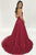 A-Line Deep V-Neck Sweep Train Dark Red Split Sleeveless Lace Backless Prom Dress C16