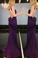 Memraid Crew Sweep Train Grape Satin Backless Sleeveless Prom Dress with Ruffles C13