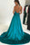 A-Line Deep V-Neck Sweep Train Turquoise Satin Backless Sleeveless Prom Dress C5