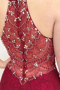 Mermaid Deep V-Neck Sweep Train Dark Red Lace Sleeveless Prom Dress with Beading C4