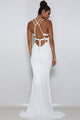 Mermaid Deep V-Neck Sweep Train White Stretch Satin Open Back Sleeveless Prom Dress C1