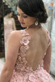 A-Line Deep V-Neck Sweep Train Pink Tulle Open Back Prom Dress with Appliques L28