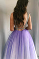 A-Line Deep V-Neck Floor-Length Purple Gradient Tulle Backless Prom Dress with Beading L27