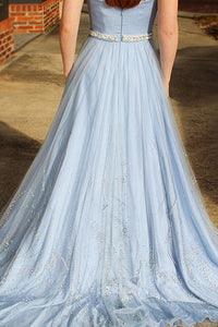 A-Line Sweetheart Sweep Train Blue Tulle Sleeveless Prom Dress with Beading Sequins L6