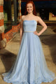 A-Line Sweetheart Sweep Train Blue Tulle Sleeveless Prom Dress with Beading Sequins L6