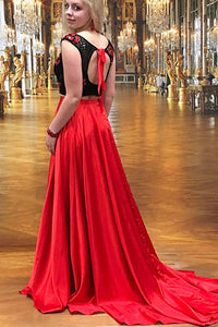 Two Piece Crew Sweep Train Red Satin Open Back Prom Dress with Embroidery Lace L26