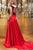 Two Piece Crew Sweep Train Red Satin Open Back Prom Dress with Embroidery Lace L26