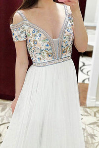 A-Line Square Sweep Train Cold Shoulder Empire White Tulle Prom Dress with Embroidery L18