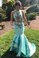 Two Piece Mermaid Jewel Sweep Train Blue Satin Open Back Prom Dress with Appliques Ruffles L16