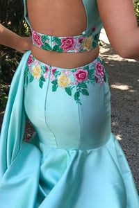 Two Piece Mermaid Jewel Sweep Train Blue Satin Open Back Prom Dress with Appliques Ruffles L16