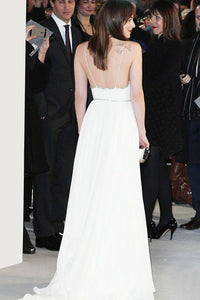 A-Line Spaghetti Straps White Chiffon Sleeveless Backless Prom Dress with Beading L15