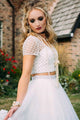 Two Piece Deep V-Neck Criss-Cross Straps Short Sleeves White Tulle Prom Dress with Beading L14