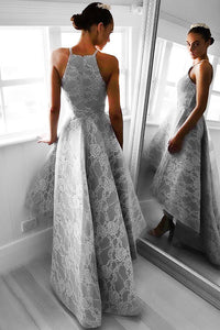 A-Line Halter Hi-Lo Floor-Length Sleeveless Grey Satin Prom Dress with Lace P37