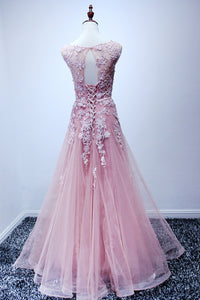 A-line Scoop Floor-length Pink Tulle Open Back Prom Dress with Appliques P47