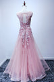 A-line Scoop Floor-length Pink Tulle Open Back Prom Dress with Appliques P47