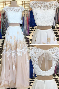 Two Piece Bateau Champagne Chiffon Sweep Train Beaded Prom Dress with Appliques P46